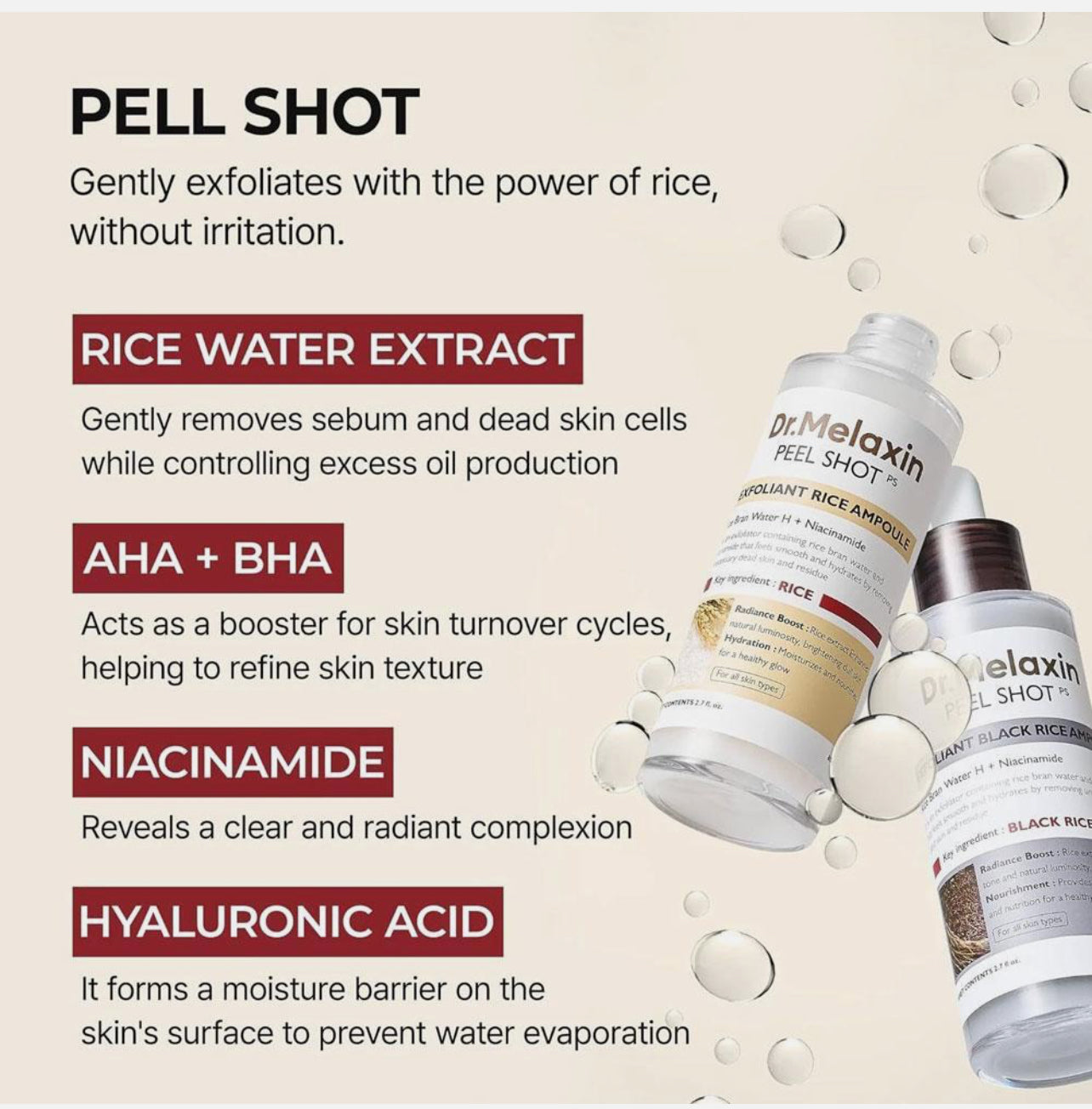 Dr.Melaxin PEEL SHOT GLOW EXFOLIANT RICE AMPOULE (WHITE RICE/BLACK RICE COMBO