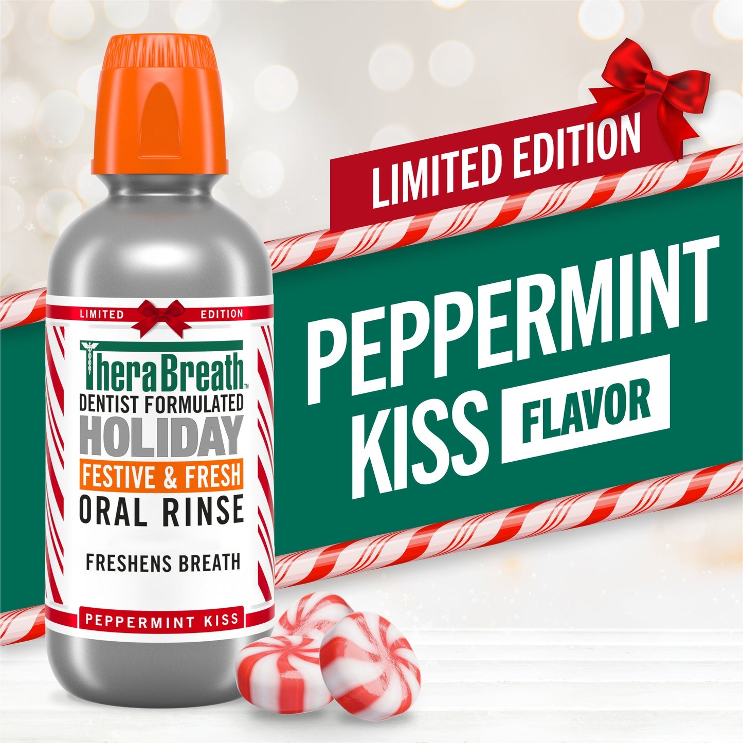 TheraBreath Limited Edition Holiday Festive & Fresh Oral Rinse, Peppermint Kiss